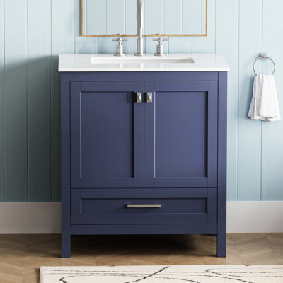 Meuble-lavabo pour salle de bain - 30 po. Bleu marine 24V03-30Nb. Entièrement assemblé. Comptoir en marbre. Bois massif. Charnières. Salle de bain moderne. Profondeur 30,11 po x l 19,43 po, hauteur 34,85 po. Assemblage avec