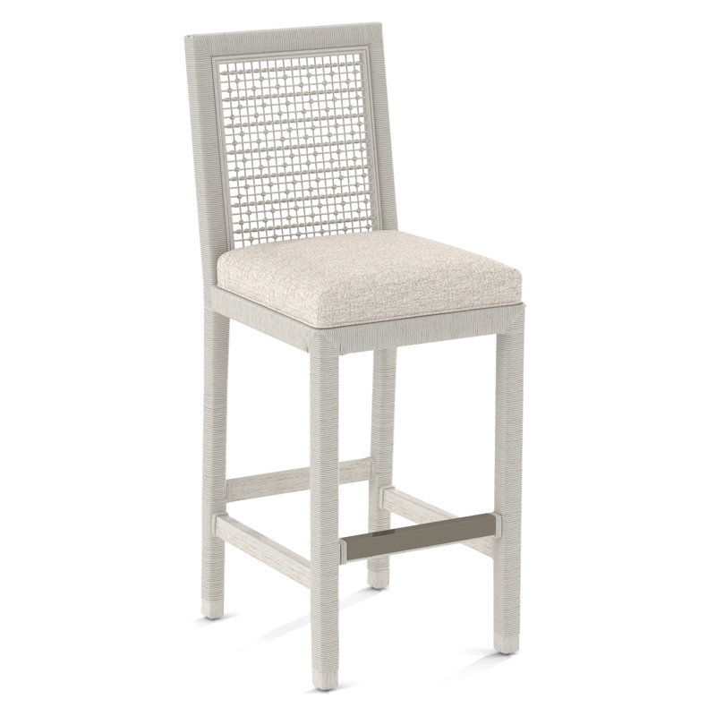 Pine Isle Bar Stool, Sunbrella Beige Pinstripe; 6205-74, Antique Frost White