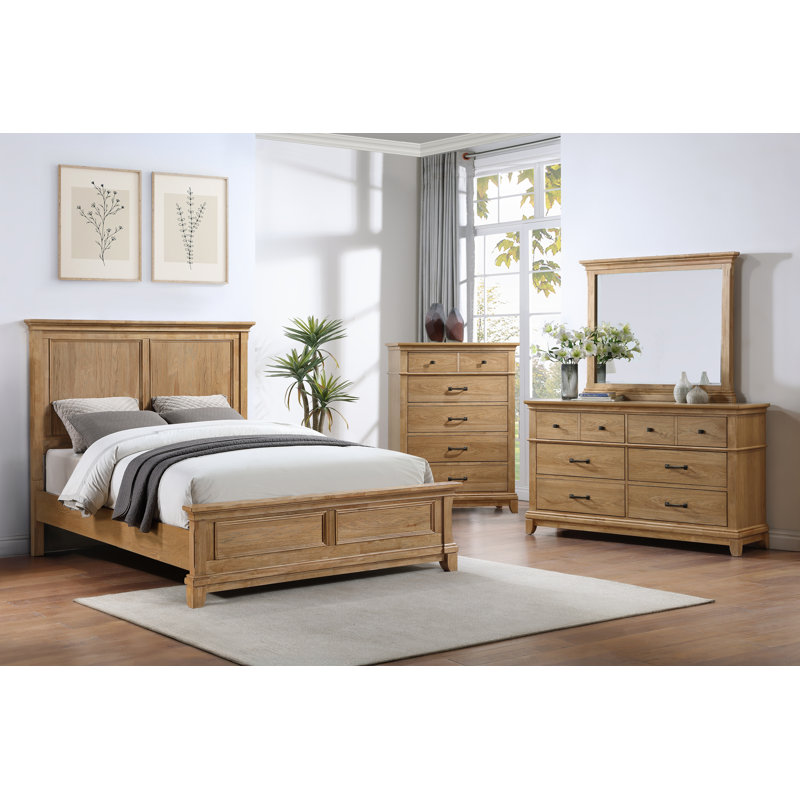 Ensemble de chambre avec grand lit en bois 4 pièces Esterel, brun miel, Grand