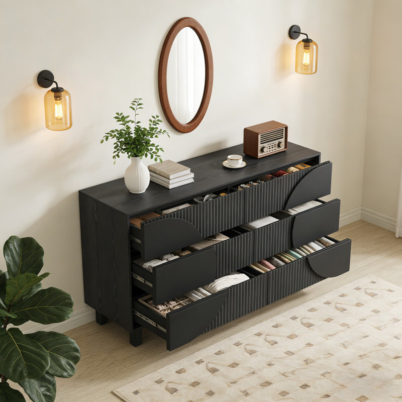 6 Drawer Fluted Dresser 60" Wide - Solid Wood Leg TV Stand, 6 Deep Drawer Storage Cabinet for Bedroom, Living Room & Entryway