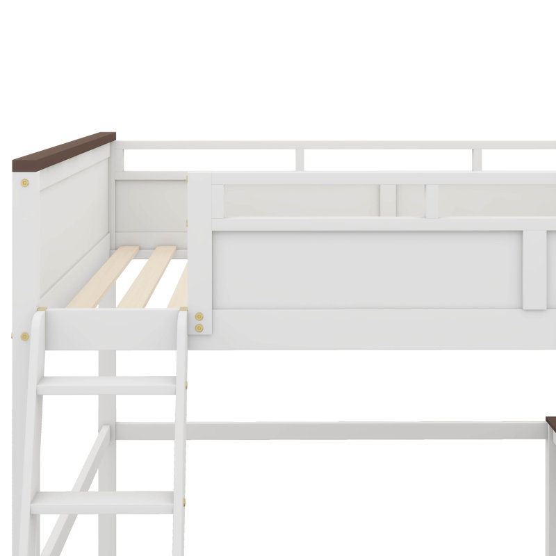 Grand lit mezzanine équipé d'un bureau intégré, d'une étagère ouverte et d'un port USB
