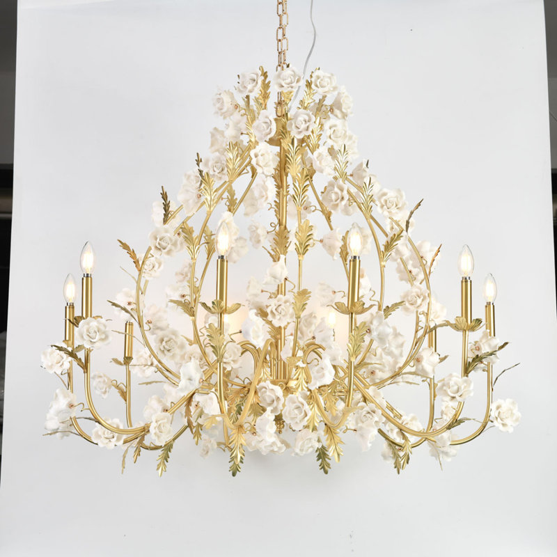 Lustre fleur en porcelaine clair, Or antique, H 43 po x l 50 po x P 50 po, Rose