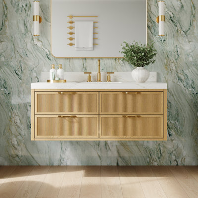 Meuble-lavabo mural en bois de chêne massif de 48 po x l 18,9 po avec comptoir en quartz Calacatta, conception cannelée et lavabo simple encastré en céramique
