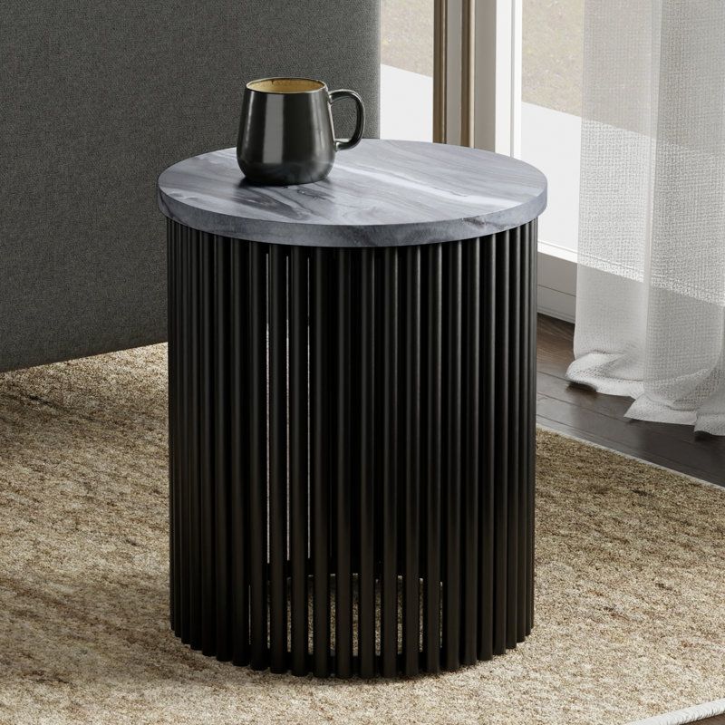 Demy 18"W Genuine Marble Industrial End Table with Slatted Metal Base, Assembled, Gray