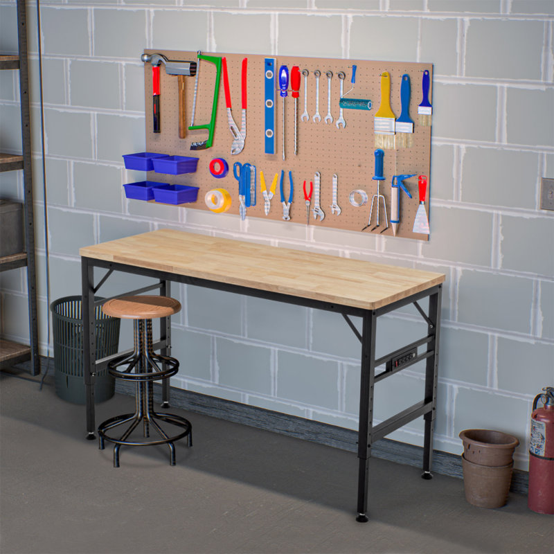 Établi à hauteur réglable, poste de travail robuste en bois d'hévéa de 60 po avec prises de courant, table de travail en bois franc d'une capacité de charge de 2000 lb pour atelier, garage, bureau, maison, commercial
