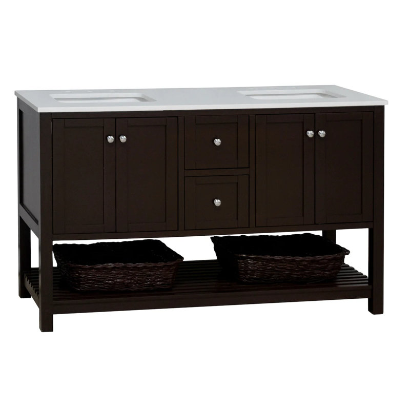 Ensemble de meuble-lavabo double 60 po Binne, Chocolat, Blanc d'ingénierie
