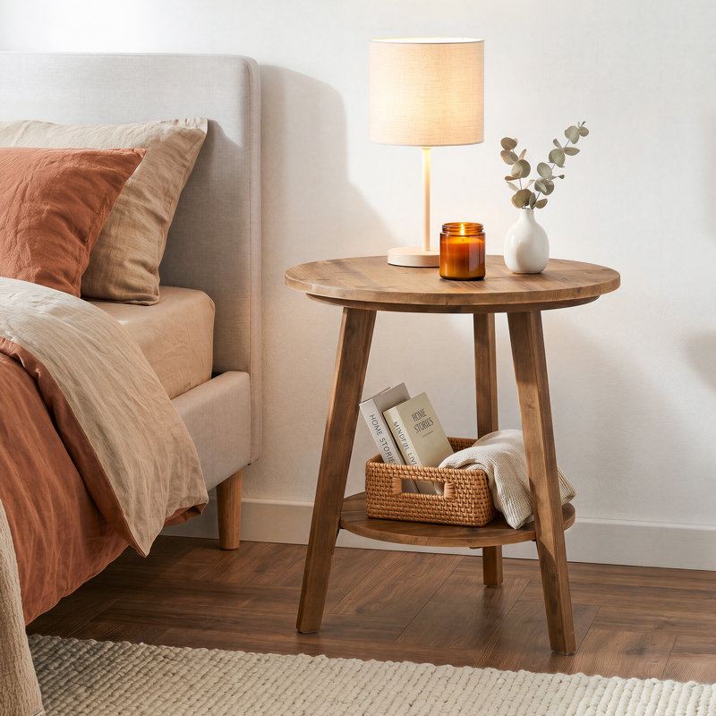 Table de bout ronde à 2 niveaux en bois massif avec tablette de rangement, Bois brun, 1
