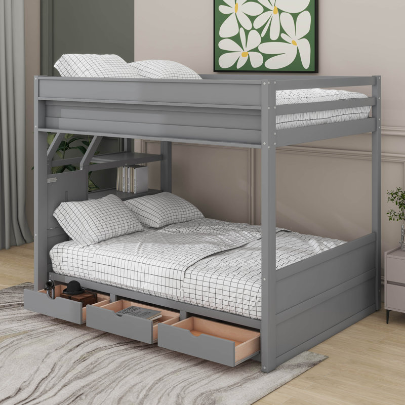 Full Size Convertible Bunk Bed With Drawers, Gray