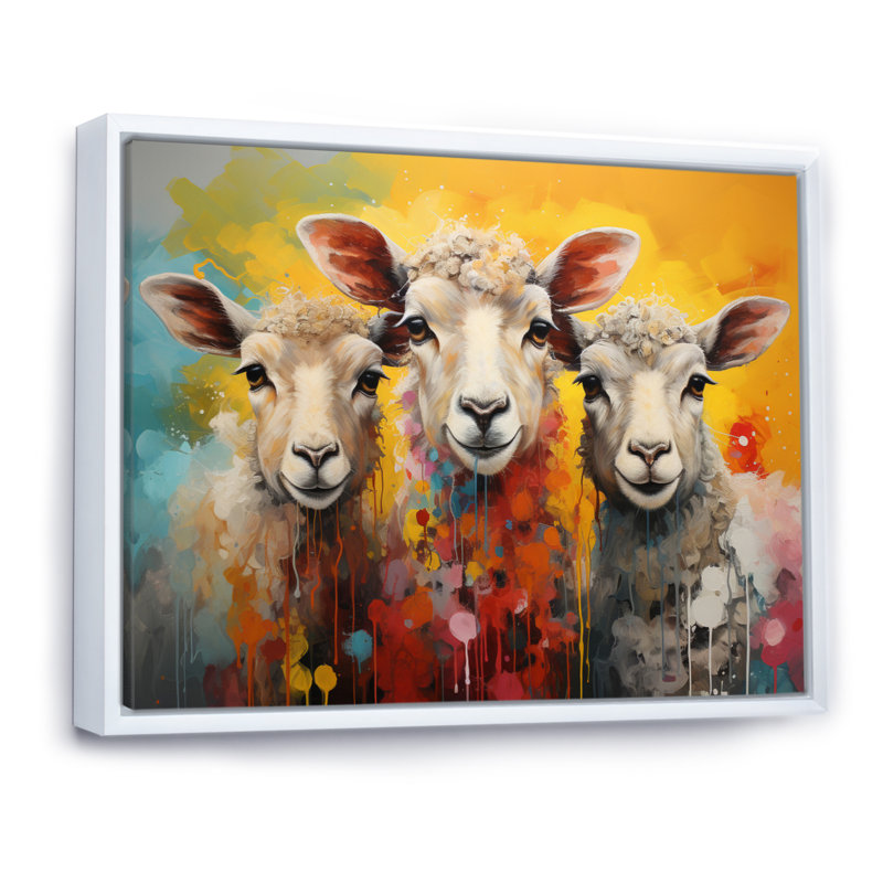 «Colorful Sheep Fuzzy Friends», reproduction d'art sur toile, Cadre flottant blanc, H 24 po x l 32 po