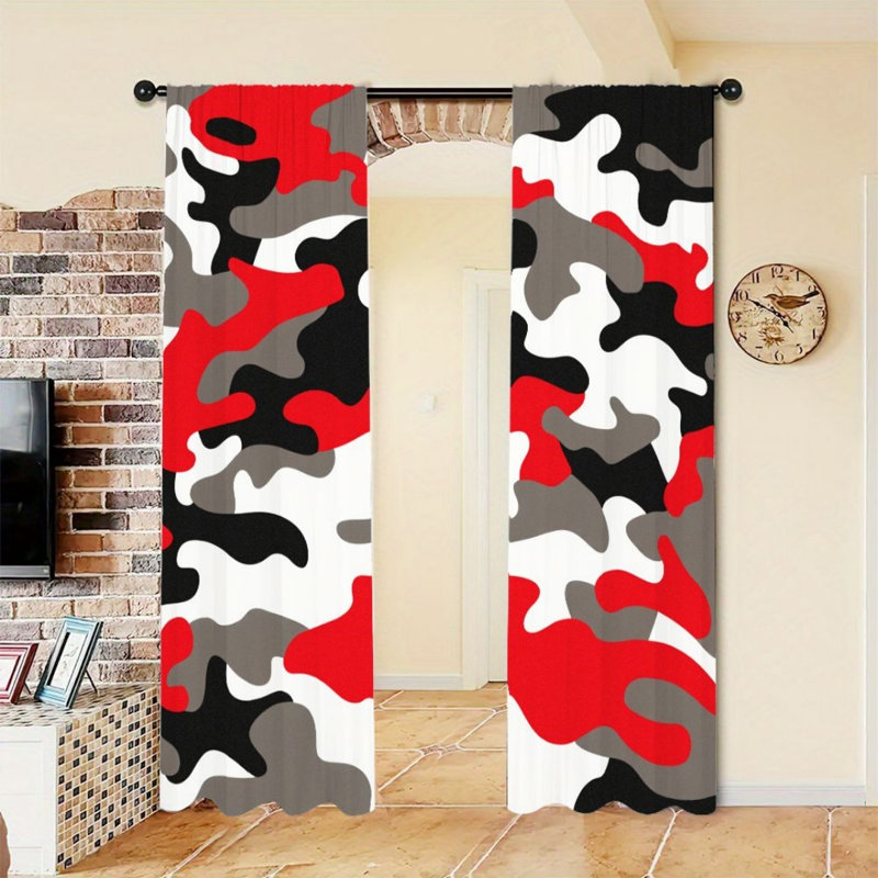 2Pcs Red Black White Pattern Curtains, Bold Style, Light Filtering, Modern Decor For Living Room Bedroom Office Window
