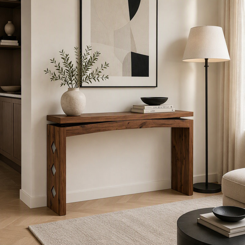 Console 62,2 po en placage de bois avec incrustation de losanges et plateau coulissant pour couloir, Noyer