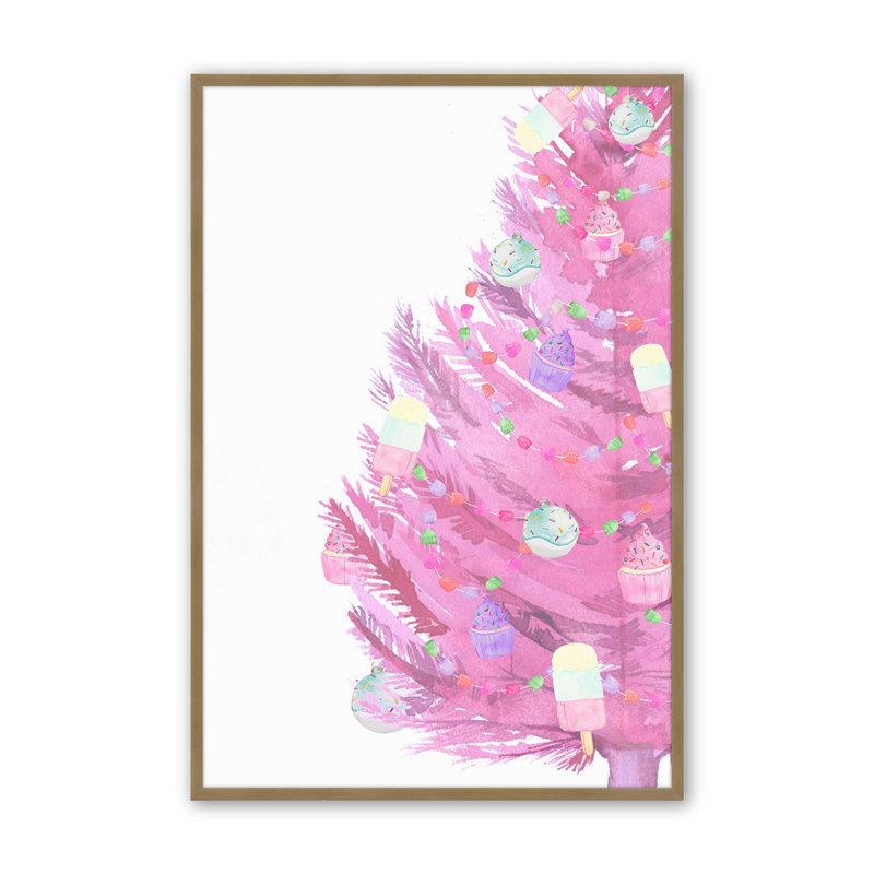 Reproduction d'un arbre de Noël rose ludique dans un cadre, Cadre doré brossé, H 11,25 po x l 9,25 po