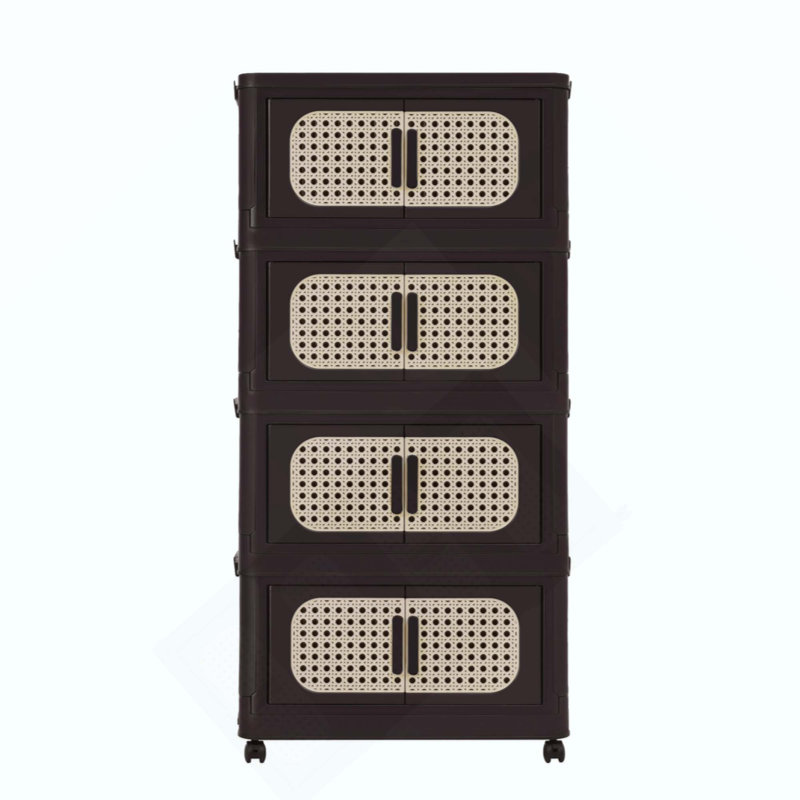 Folding Storage Cabinet ,4 Tiers,Collapsible Storage Bins With Magnetic Door, Plastic Storage Cabinet With Wheels, Brown