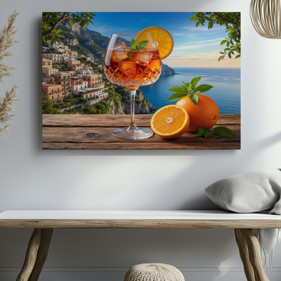 Impression sur toile orange cocktail avec des oranges fraîches sur une table en bois par Seaside Cliff pour le salon, la chambre à coucher, le bureau, le couloir, le vestibule, le mur de la galerie et la décoration moderne