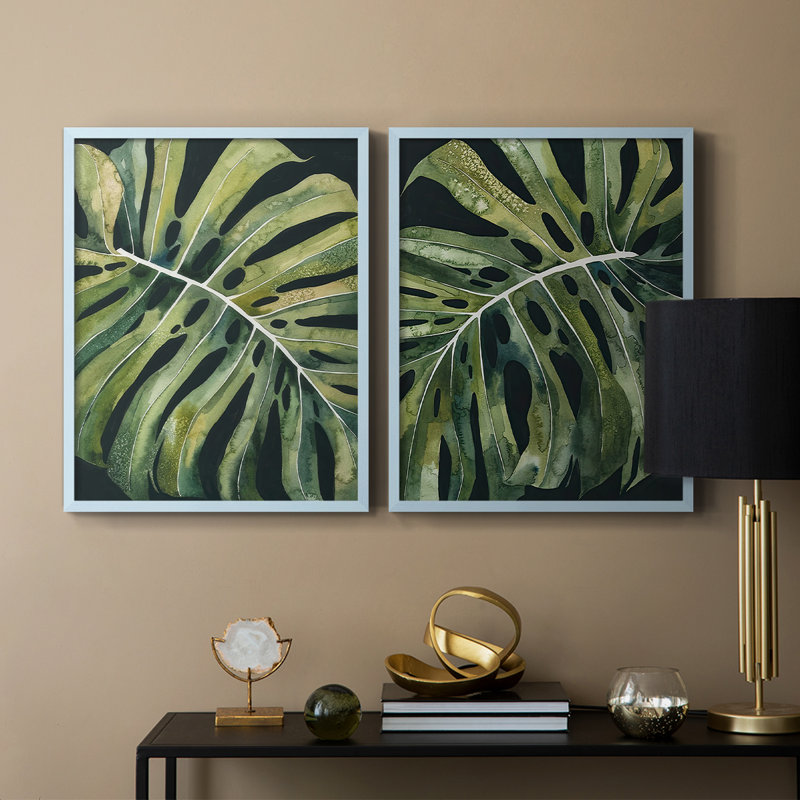 Reproduction encadrée Nocturnal Monstera I-Premium - prête à être accrochée - aucun clou requis - aucun clou requis, Bleu