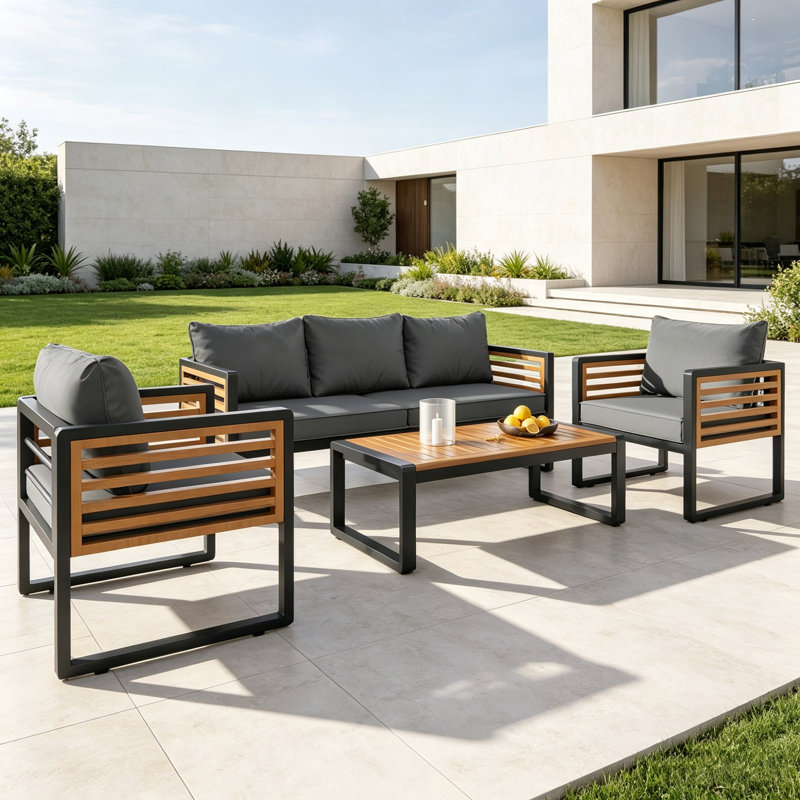 Ensemble de conversation de patio 4 pièces avec coussin amovible en acacia, plateau de table en bois et structure en métal