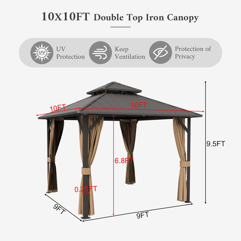 10 x 10 ft Hardtop Gazebo, Outdoor Aluminum Frame Galvanized Steel Double Roof Pavilion With Netting And Shaded Curtains, Permanent Metal Pergolas For Patio, Backyard, Deck And Lawns.