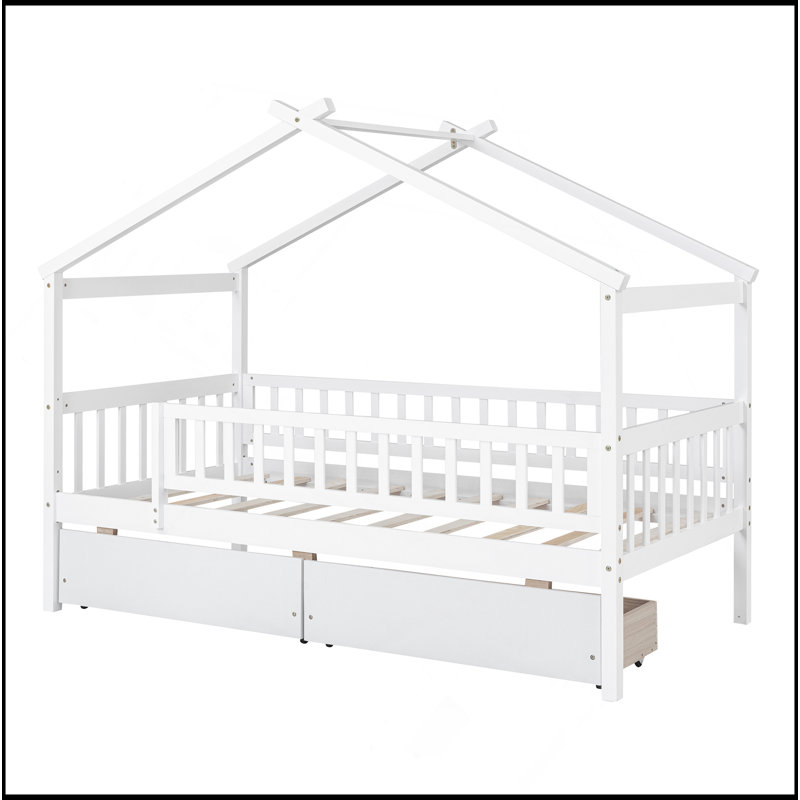 Lit en bois avec deux tiroirs, White