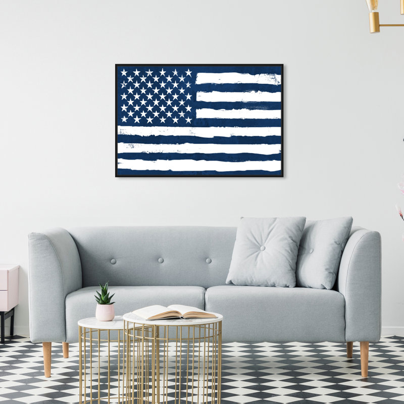 Rocky Freedom - drapeau américain bleu marine moderne - impression sur toile, Cadre en bois noir, H 21 po x l 31 po