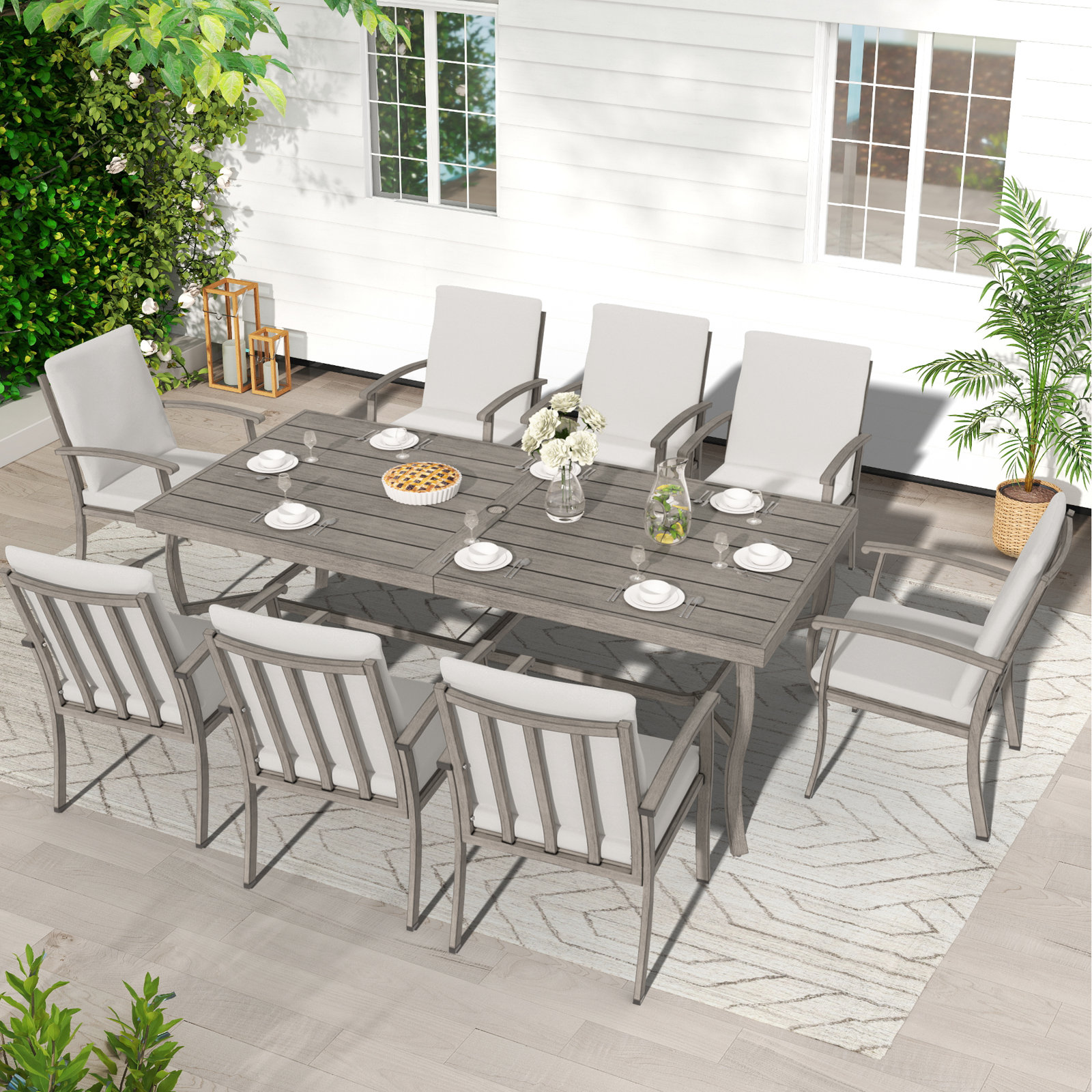 Willesden Rectangular Aluminum Dining Set with Cushions, 8, Gray