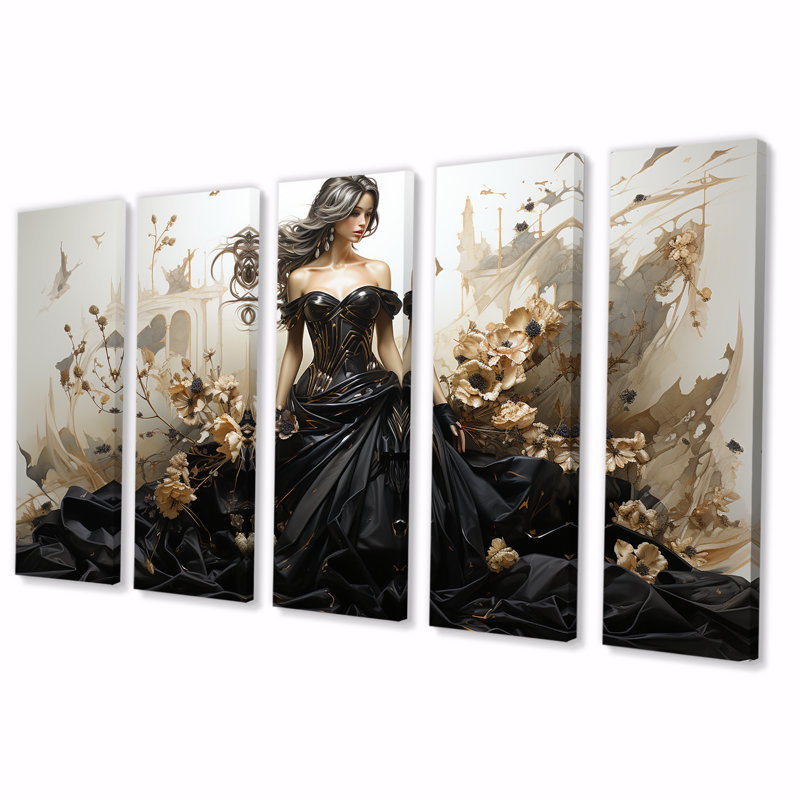 Ensemble de 5 pièces d'art noir et or haute couture, H 32 po x l 80 po