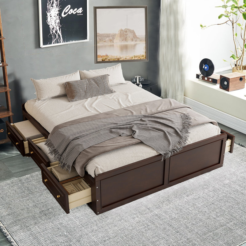 Grand lit plateforme en bois avec 6 tiroirs de rangement, pas de tête de lit fixe, pas de sommier, espresso, Espresso