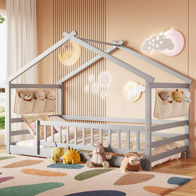 Twin House Bed, Montessori Floor Bed For Kids, Wooden Montessori Beds, Gray