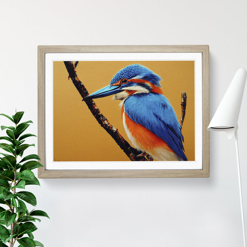 Blessed Kingfisher Bird - Single Picture Frame Print, Oak, 25cm H x 34cm W x 2cm D