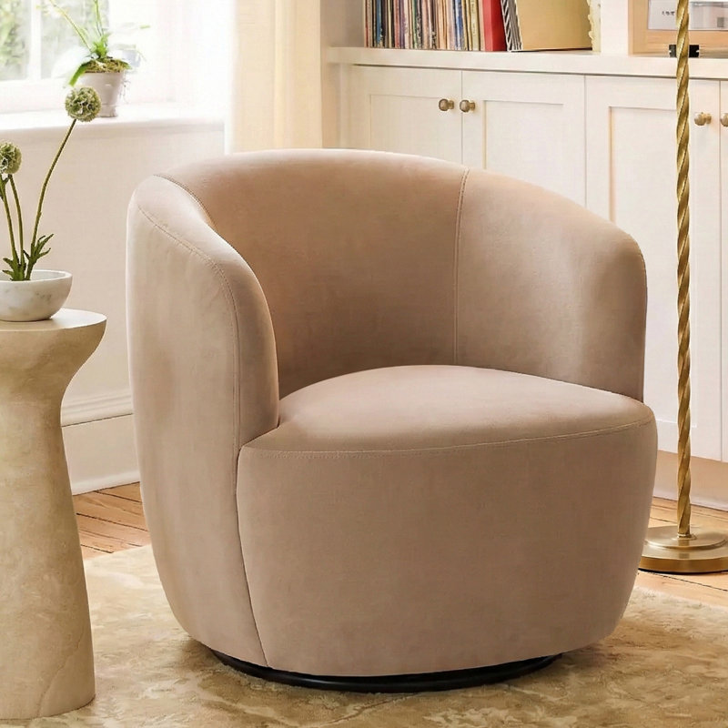 27" Wide Upholstered Velvet Small Swivel Barrel Accent Chair, Tan