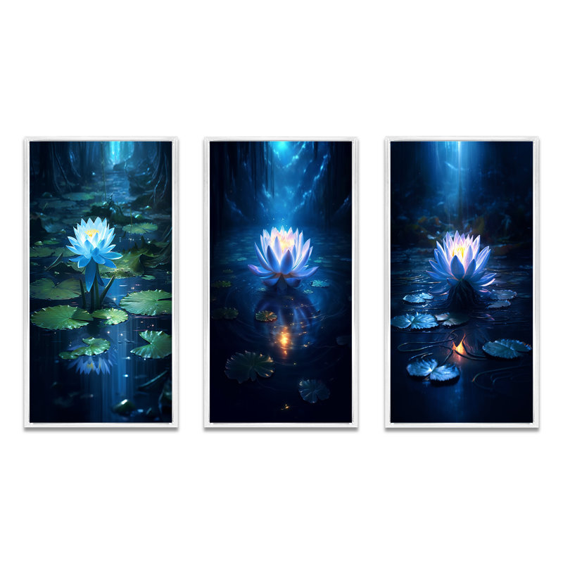 "Lotus bleu en pleine lune" - 3 pièces, Cadre flottant blanc, H 32 po x l 48 po