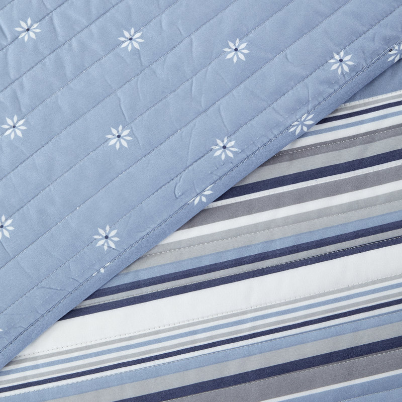 Ensemble de courtepointe réversible en microfibre bleu / gris Elise, Courtepointe pour lit simple + 1 taie décorative 