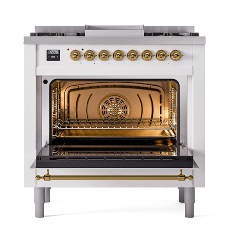 ILVE Nostalgie II Series Noblesse 36 inch Dual Fuel Range with 6 Sealed Burners (Glass Door), Brass, Natural Gas