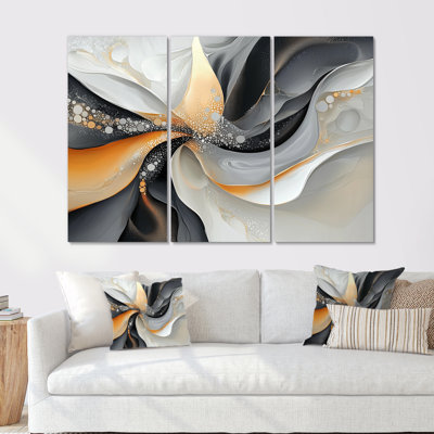 Ensemble de salon Fractal Golden and Gray Ink Shift I - Abstract Modern Transitional Wall Art