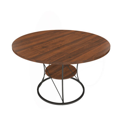 43 inch Round Dining Table for 4-6, Expandable Farmhouse Kitchen Table with Storage Shelf & Metal Base, Brown & Black Extendable Wood Table from 43 to
