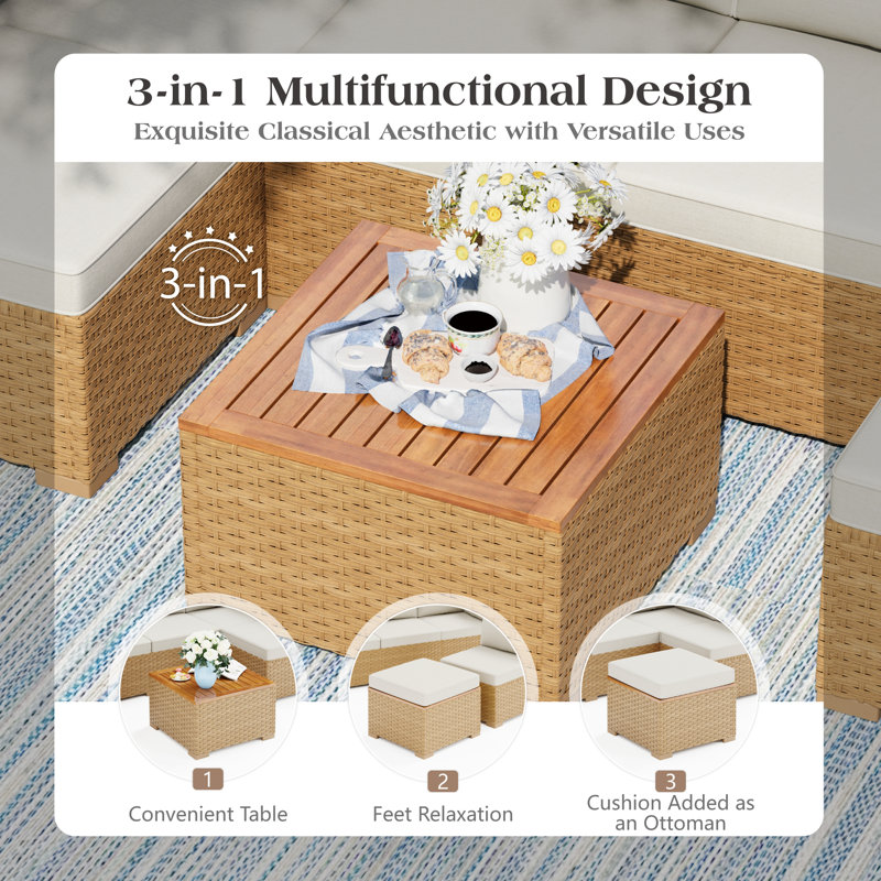 All-Weather Wicker Outdoor Patio Conversation Set with Acacia Wood Coffee, No