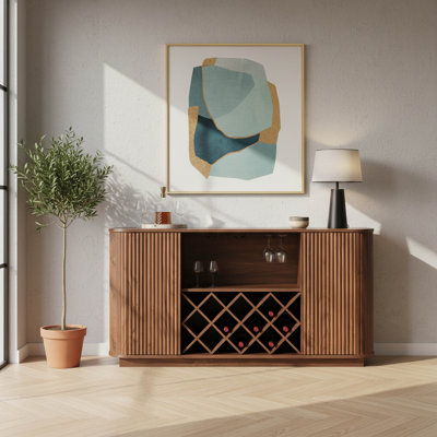 58 inch Modern Sideboard with Wine Rack, Wavy Curve Storage Cabinet for Coffee Bar in Dining Room, Walnut by Wrought Studio