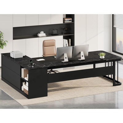 78.7" Executive L Shaped Desk With Power Outlets & File Cabinet, Large Corner Computer Desk With 3 Drawers And Shelves, Modern Workstation For Home Office, Black