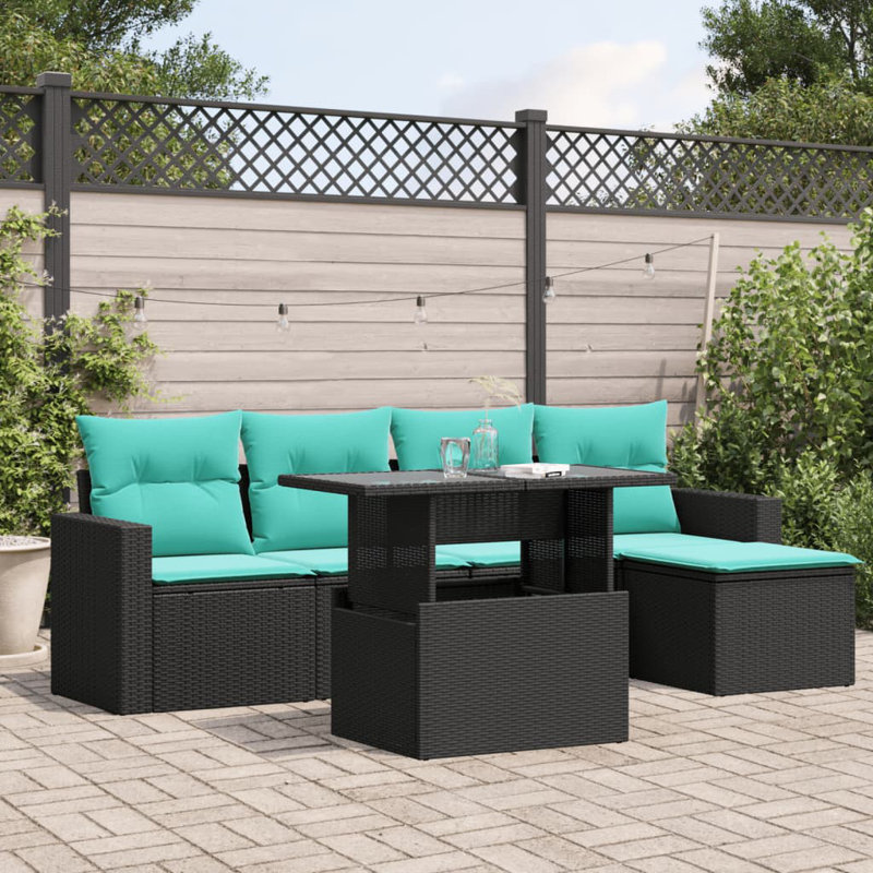 Ensemble de canapé de patio 6 pièces avec coussins en rotin de polyester, Bleu clair, Noir