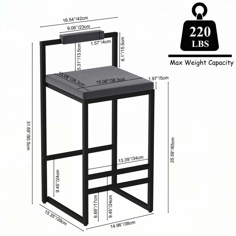 Tabourets de bar à hauteur de comptoir en velours avec dossier bas, Siège gris / cadre noir