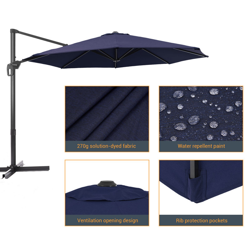 Parasol en porte-à-faux rond 11 pi avec manivelle Shanea, Bleu marine