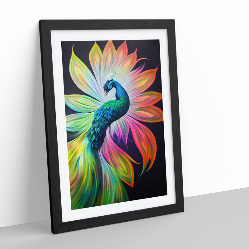 Bold Peacock Art No.1 - Wall Art, Black Framed, 36cm H x 27cm W x 2cm D, White