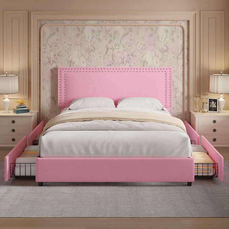 Lit double avec tiroirs de rangement Lit plateforme tapissier réglable, Double, Rose