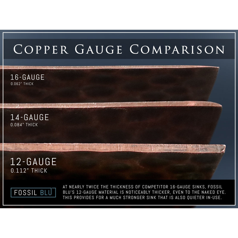 Fossil Blu Luxury 24" 12-Gauge Hammered Copper Undermount/Drop-In Sink, Medium Patina, Incl Accs