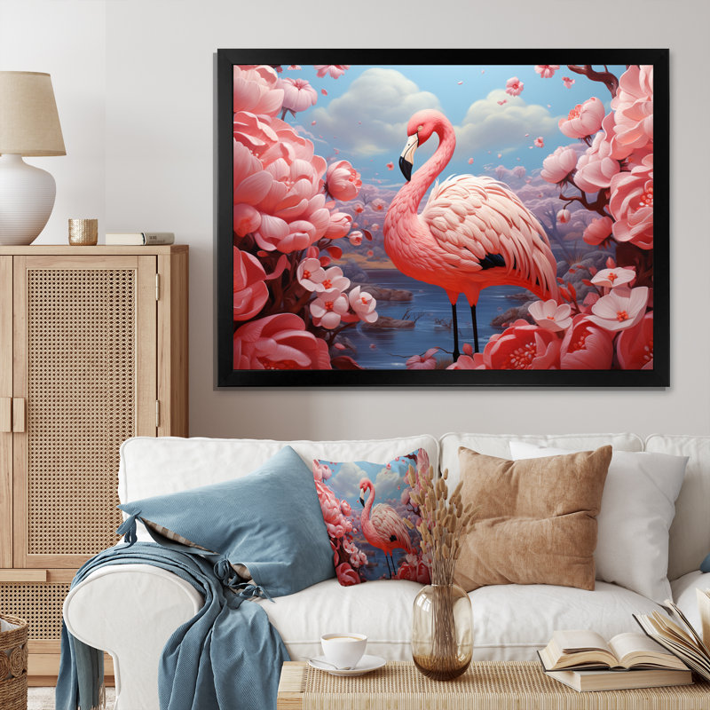 Atuf flamant rose Atuf - imprimé, Cadre simple noir, H 34 po x l 44 po x P 1,5 po