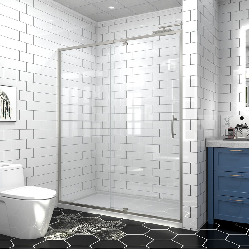 privdr 56"-60"W X 71" H Pivot Swing Semi-Frameless Shower Door with 1/4" Tempered Clear Glass, Brushed Nickel