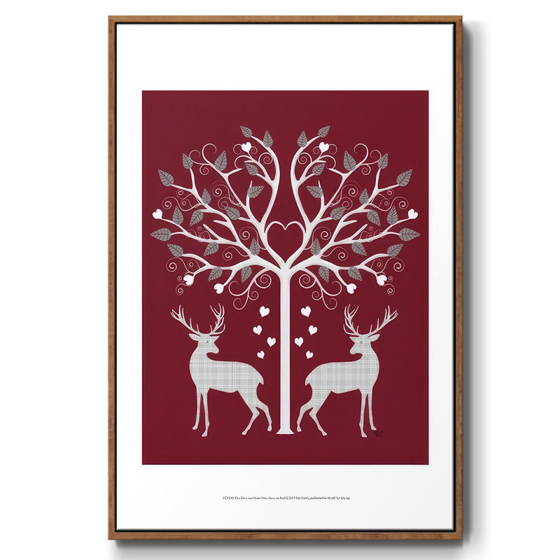 Christmas Des - Deer and Heart Tree, gris sur fond rouge, reproduction sur toile, H 37 po x l 25 po x P 1,5 po, Noyer