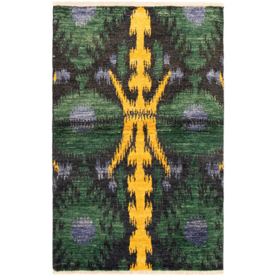 Tapis unique en laine noué à la main vert Mogul des années 2010 3 pi 8 po x 5 pi 10 po Raadhiya