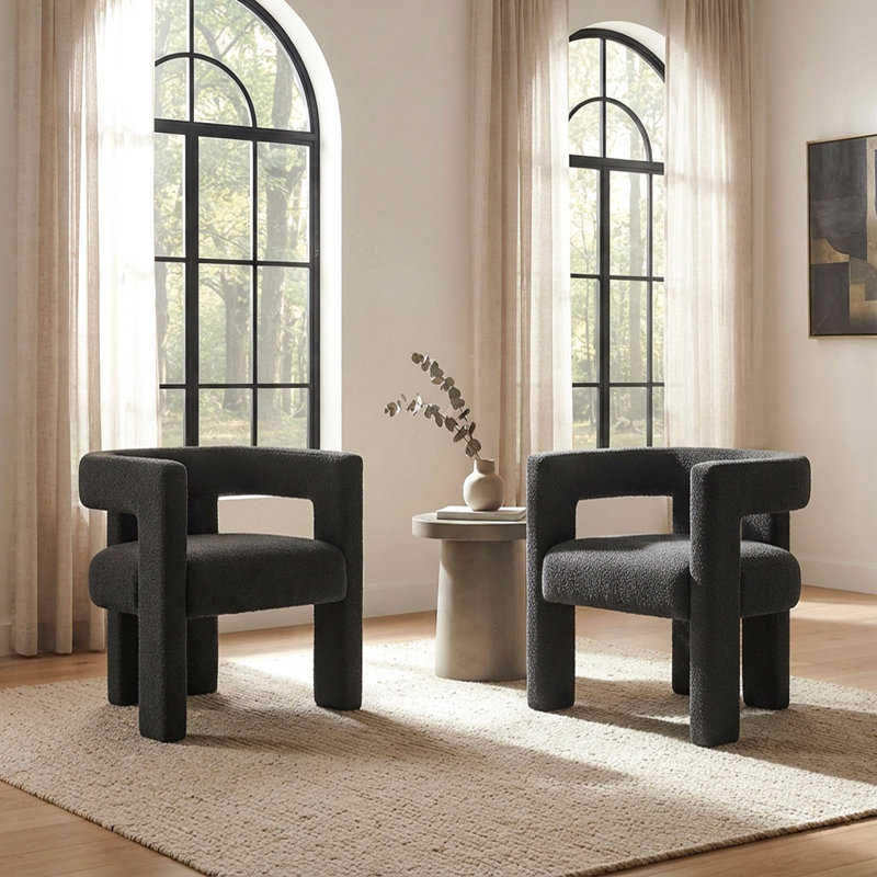Petit fauteuil rembourré en tissu bouclé de 24 po de large Cleaven, Mélange de polyester gris anthracite et gris anth