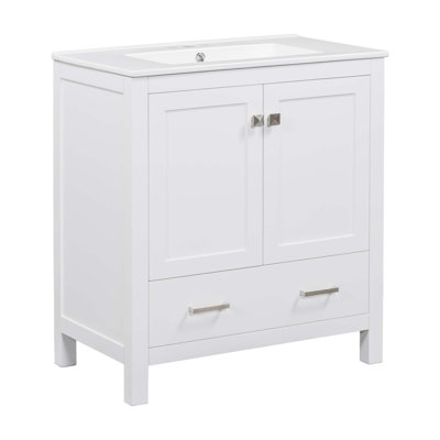Meuble-lavabo de 30 po avec lavabo simple, meuble-lavabo encastré, armoire de rangement avec 2 portes et un tiroir, fermeture en douceur, rangement multifonctionnel, structure en bois massif