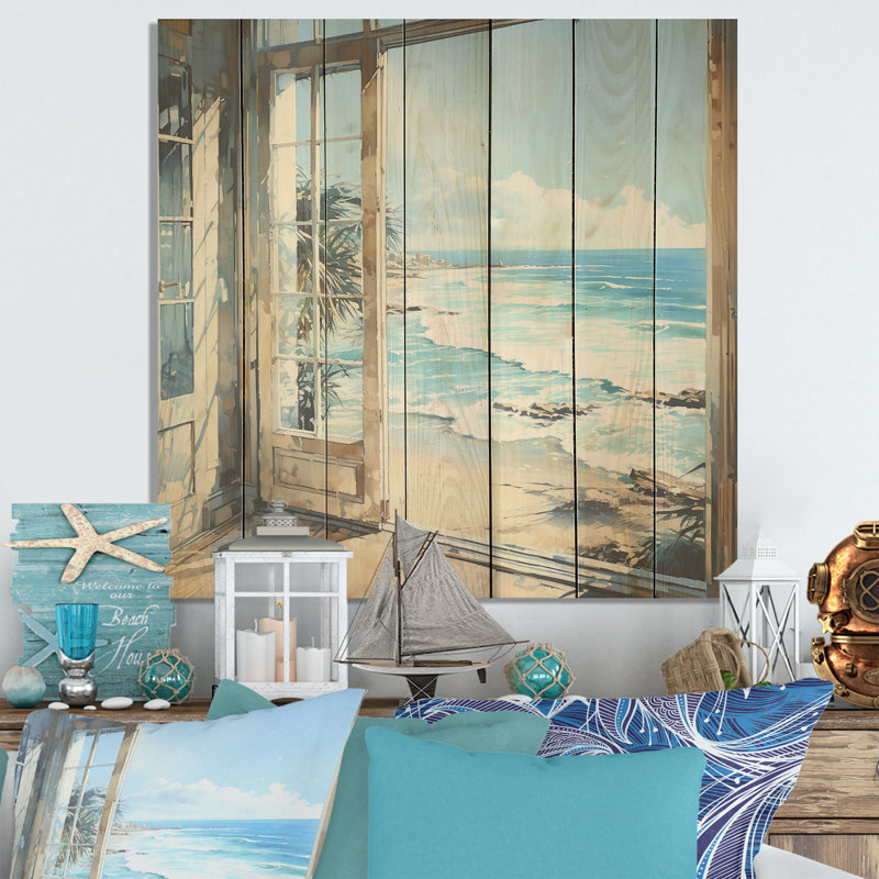 «Coastal Window View By The Beach II» - Impression sur bord de mer sur bois, H 15 po x l 15 po